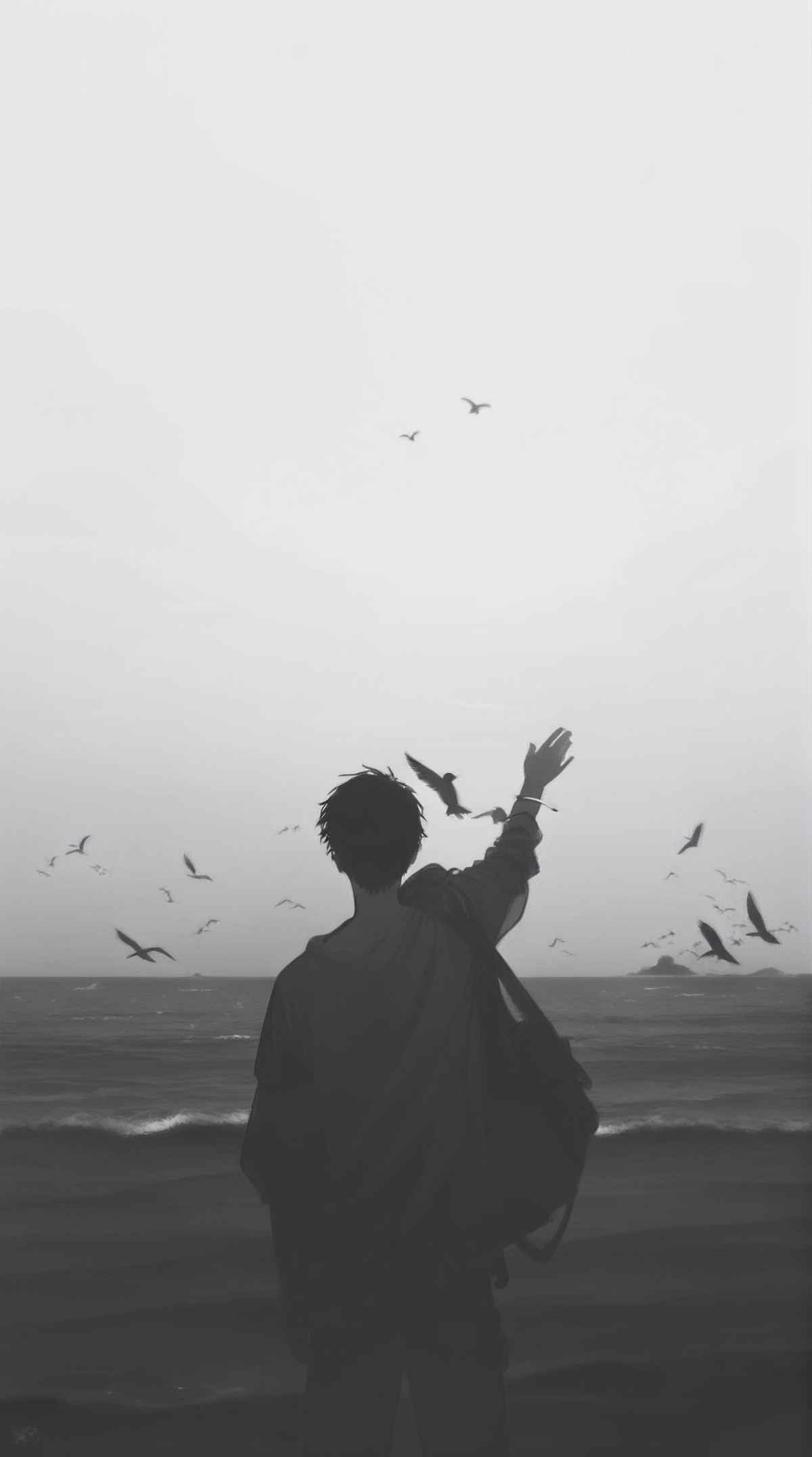 score_9_up,score_8_up,greyscale,monochrome,bird,1boy,ocean,outdoors,male focus,solo,from behind,arm up,beach,water,standin...